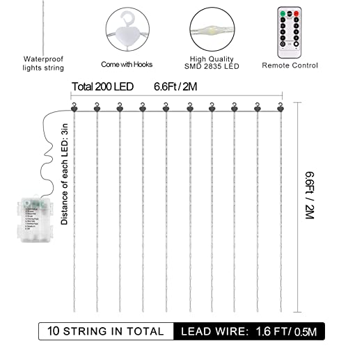 echosari Curtain Lights Battery Operated 200 LED Curtain Fairy Lights 6.6×6.6ft with Remote Timer Outdoor Wall Light Fully Waterproof for Wedding Backdrops Bedroom Decor (Warm White)