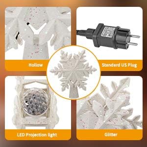 BATTOP Christmas Tree Topper Lighted with Rotating Magic Snowflake Projector, 3D Glitter Lighted Sliver Snowflake Christmas Lights Tree Topper for Christmas Tree Decorations