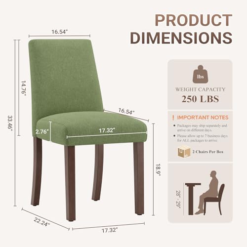 Image of Upholstered Dining Chairs Set of 2, Mid-Century Dining Room Chairs with Wooden Legs, Farmhouse Fabric Parsons Chairs for Small Space Restaurant & Cafe- Green