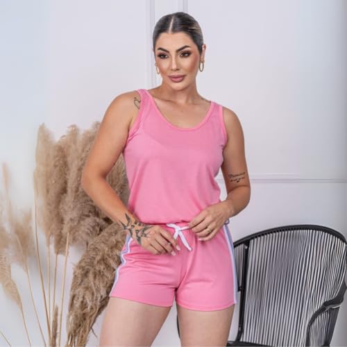 Pijama Curto Feminino Adulto Blusa Regata Short De Dormir (BR, Alfa, G, Regular, Regular, Rosa)