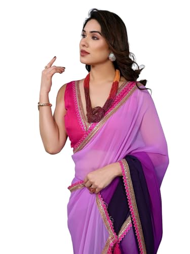 Image of RAJESHWAR FASHION WITH RF Women's Fancy Desian Ombre Georgette Saree For Women With Latkan Tassels Lace Border & Unstitched Blouse