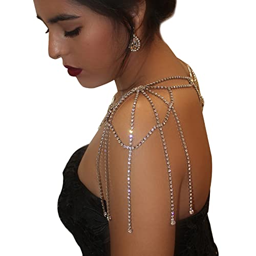 Luxury Rhinestone Shoulder Chain Necklace Layered Back Chain Multi Layer Tassel Crystal Shoulder Harness Chain Statement Bridal Wedding Layered Body Chain For Women (Shoulder-Silver) #TOP2