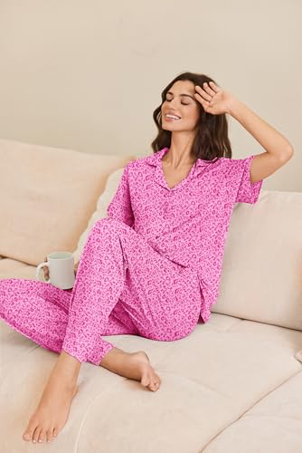 Image of Ekouaer Pajamas for Women Set Button Up Short Sleeve Pjs Sets With Pockets | Soft Womens Sleepwear,V Neck,Notch Collar,2 Piece Classic Loungewear With Long Pant for Sleep,Lounge,Fall
