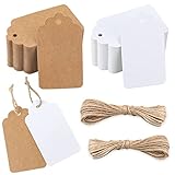 200 Stück Geschenkanhänger Kraftpapier Anhänger Etiketten 7x4 cm mit 30 Meter Juteschnur, für Basteln Weihnachts Hochzeits Geschenke (Braun+Weiß)