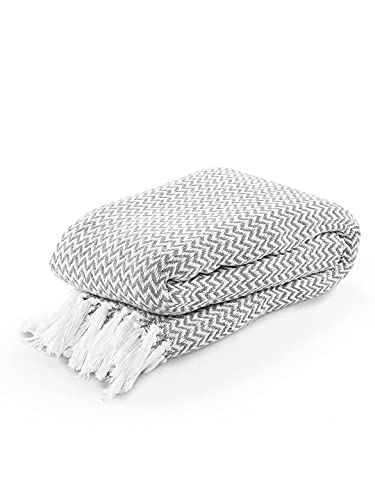 Image of SASHAA WORLD Chevron Throw Blanket Handwoven with Fringes | Throw for Living Room, Bed, XL Sofa & Chair | Grey Throw Blanket | 150x200 cm Pack of 1
