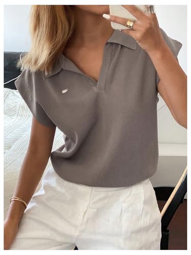 Verdusa Women's Dolman Short Sleeve Sweater Collar V Neck Lightweight Casual Pullovers4