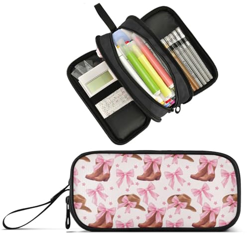 Image of Wfrish Big Capacity Pencil Case for Girl Boy Cowgirl Hat Boots Pink Bow Student Pencil bag Pen Pouch Large Stationery 3 Compartments Zippers Organizer School College Office Teens Adults