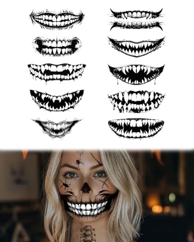 GAJUS 10 Tatuajes faciales de Halloween, Disfraces de Halloween, Accesorios de Maquillaje para Mujer, Tatuajes Temporales, Pegatinas para la Boca, Atrezzo para Disfraces de Zombie, Esqueleto, Vampiro