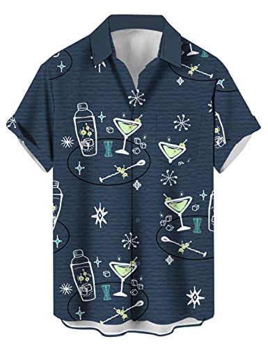 Men's Shirts Bowling Short Sleeve Print Regular Fit Trendy Lapel Button Down Chest Pocket Vintage Shirts Tops-Martini Shaker-L #TOP26