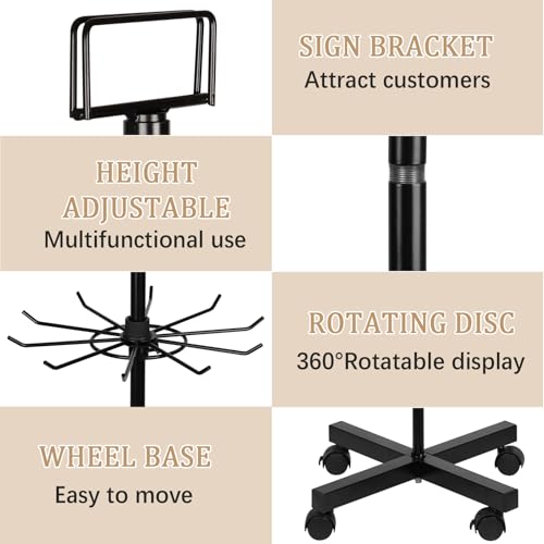 Image of 5-Tier Metal Spinning Display Stand Rack with Wheels, Black Iron, 50 Hooks, Lockable Wheels, Ideal for Jewelry, Accessories, Foods