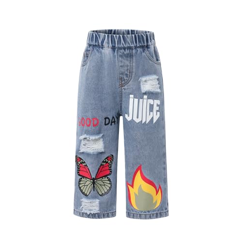 Girls Straight Jeans Elastic Waist Printed Wide Leg Pants (2T-6Y)(DH10,3-4Y) Blue