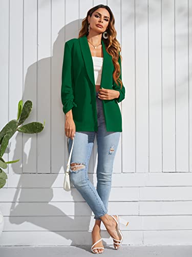 Wdirara Women's Long Sleeve Open Front Blazer Casual Work Office Jacket Green L #TOP3