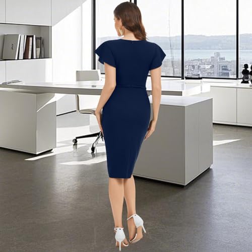 Image of shengfan Women's Sexy Deep V Neck Short Sleeve Ruched Waist Bodycon Wrap Cocktail Midi Dress