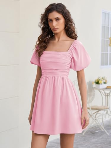 Image of Women Puff Sleeve Graduation Short Dress | Square Neck A Line Casual Sundress Beach Wedding Guest Mini Dress