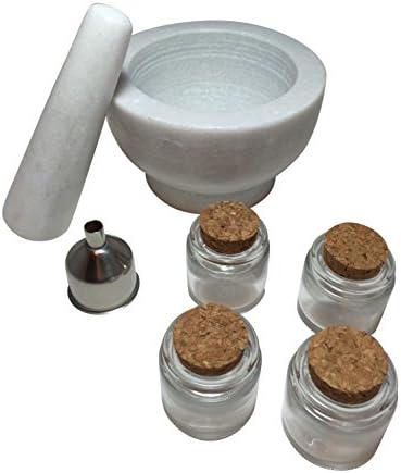 Mortar And Pestle With Four Spice Jars and Funnel Gift Set (Stone White)