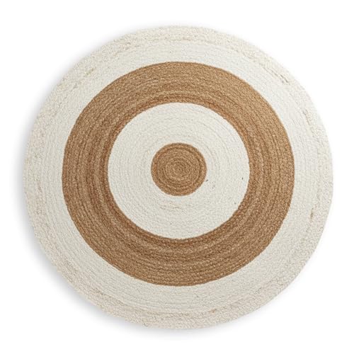 Perilla Home Natural Jute Area Rug Round (White Striped) Boho Home Decor Area Rug - Hand Woven Rustic Vintage Reversible for Bedroom, Kitchen, Living Room, Hallway, Dining Room 5'