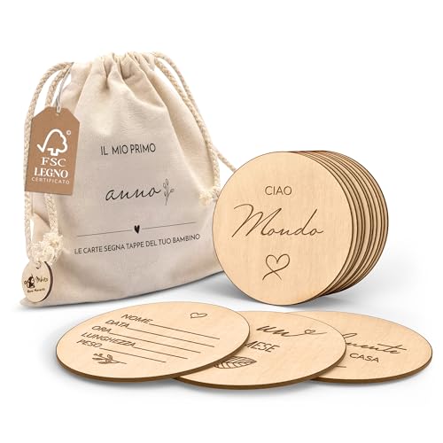 🎁 ISTANTI DA REGALARE: Grazie al loro design neutro, i dischi di legno sono adatti per bambino o bambina. Confezionati in un sacchetto di cotone, sono un regalo neonata femmina o mascho perfetto per battesimi, babyshower, neogenitori, lista nascita bimbo.