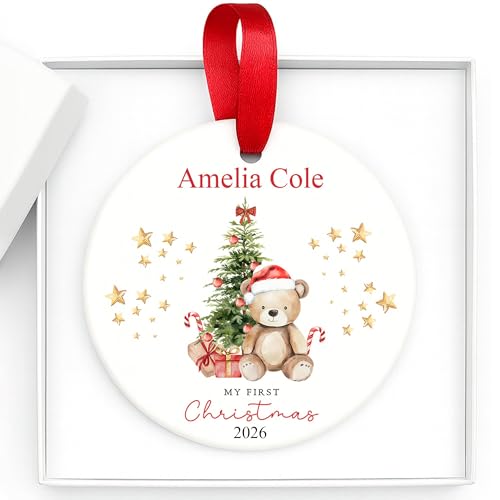 Image of Personalised First Christmas Decoration Baby Teddy Bear Boy Girl – Custom First Christmas Ornament – Unique First Christmas Bauble – Babies First Xmas Tree Keepsake Gift Keepsake