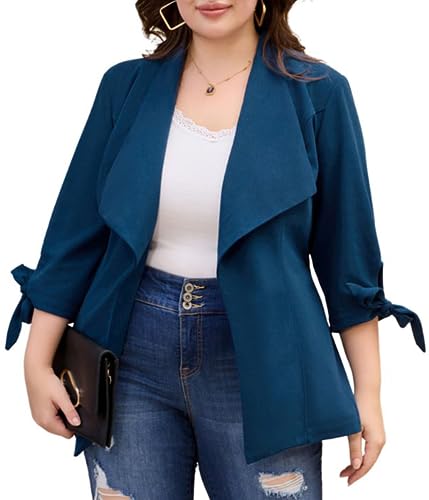 Women's Plus Size 3/4 Stretchy 3/4 Sleeve Open Front Lightweight Work Office Blazer Jacket Peacock Blue 18W