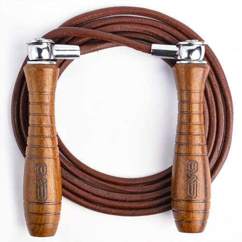 EVO Fitness Leather Adult Indoor Gym Skipping Jump Speed Rope Wooden Handle Home Exercise Fat Burn Training Workout Boxing MMA (Brown Adjustable)