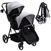 Tandem Stroller, Double Bassinet Stroller for Newborn and Toddler Twins, Reversible Seat Adjustable Canopy, One-Hand Fold Frame with Large Storage Basket, Light Gray