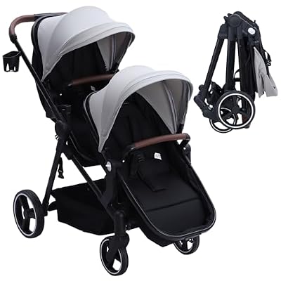 Tandem Stroller, Double Bassinet Stroller for Newborn and Toddler Twins, Reversible Seat Adjustable Canopy, One-Hand Fold Frame with Large Storage Basket, Light Gray
