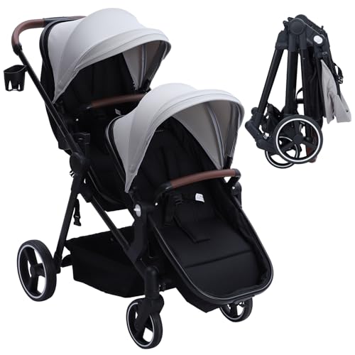 Image of GAOMON Double Stroller Track Tandem Stroller for Infant and Toddler, Foldable Pushchair Bassinet Pram, Multi-Position Reversible & Adjustable Backrest, Large Storage Basket and Canopy, Light Gray