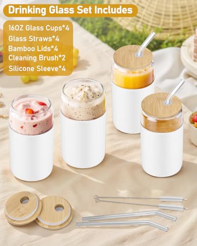 Image of sungwoo Glass Cups with Lids and Straws, 4 Pack 16OZ Iced Coffee Cups with Silicone Sleeve, Glass Tumbler with Straw and Bamboo Lid, Home Essential Drinking Set for Juice, Cocktail and Latte White
