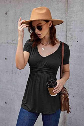 Soteer Deep V-Neck Womens Short Sleeve A Line Pleated Empire Waist Tunic Tops Black Xxl #TOP1