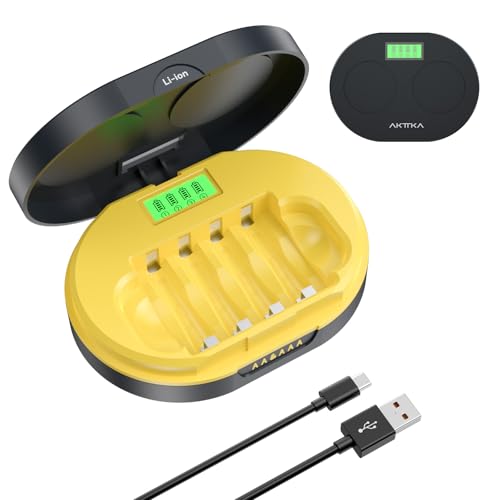AKTTKA Chargeur 4 Emplacements pour Accus 1,5V Li-ION AA/AAA – Chargeur de Batteries, Canaux Indépendants 4×400mA, LCD par Slot, Charge CC/CV, USB-C 5V/2A,...