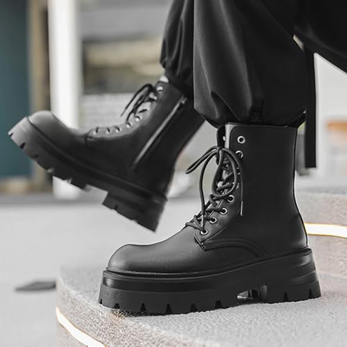 Men's Black Leather Lace-up Platform Combat Boots Retro Wide Toe Side Zipper Comfort Chunky Heel Lug Sole High Top Biker Ankle Booties3