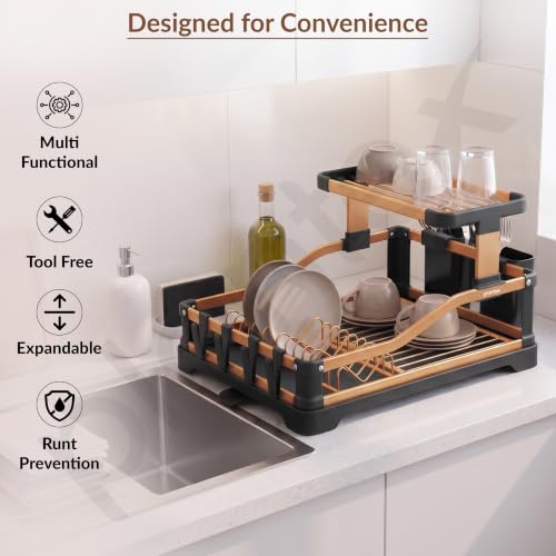 Image of Plantex Fold Flat Dish Drying Rack /Aluminium 2-Tier Dish Rack with Drainboard /Vessel Drainer Basket /Plate Holder Stand /Kitchen Rack - Pack of 1 (Gold & Black)