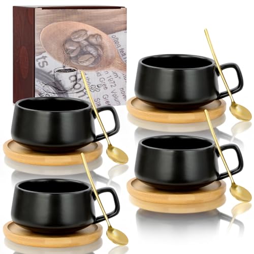 AOOTE Juego de Taza y Platillo, 2 Pcs 320ML Tazas de Capuchino de Ceramica, Tazas de Cafe Espresso Porcelana con Plato con Posavasos de Madera y Cuchara, Tazas de Café para Moca, Té, Latte, Desayuno