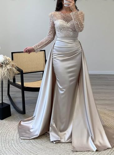 Long Sleeve Sequin Satin Prom Dresses for Women 2025 Long Mermaid Round Neck Sexy Formal Evening Party Gown with Train3
