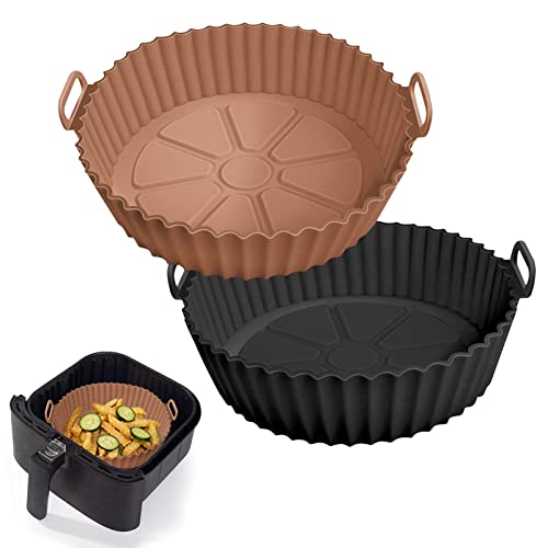 Paquete de 2 recipientes de silicona para freidora de aire de 3 a 5 cuartos de galón, cuenco de silicona para freidora de aire, repuesto de papel pergamino inflamable, bandeja de horno reutilizable,