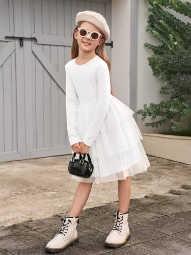 Haloumoning Girls Tutu Dress Kids Long Sleeve Fall Winter Tiered Formal Party Tulle Dresses 5-14 Years4