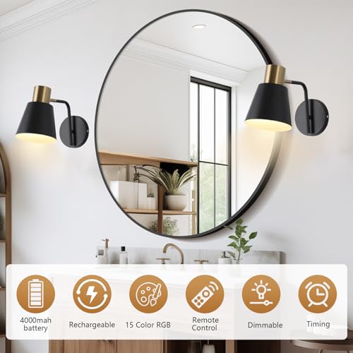 Image of Battery Operated Wall Sconce Set of 2,Rechargeable Wall Lights with Remote Control,Black Gold Modern Wall Sconces Dimmable,15 Colors,Wireless LED Wall Lamp for Bedroom Living Room Farmhouse Hallway