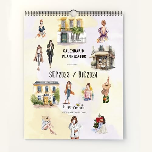 HappyMots Calendario de pared 2023 2024 | 16 Meses Sep. 2023 a Dic. 2024 | Calendario 2024 organizador mensual | Tamaño A3 | Con espacio para apuntar