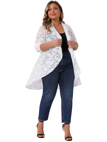Agnes Orinda Plus Size Lace Cardigan for Women Ruffle Cardigans Open Front Long Sleeve Sheer Lace Crochet Cover Up3