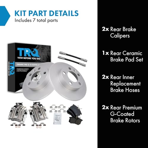 Image of TRQ Rear Brake Pad and Rotor Set Ceramic G Coated Rotors Calipers Compatible with 2007-2010 Volkswagen Beetle 1999 Golf