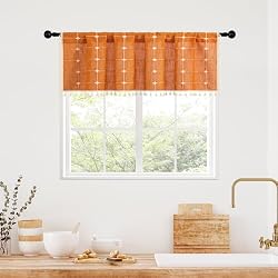 MitoVilla Orange Boho Kitchen Valances for Windows, Modern Farmhouse Valance Curtains for Living Room/Bedroom, French Country Cotton Linen Fabric Topper Window Curtain with Tassel, 52’’W x 18’’L