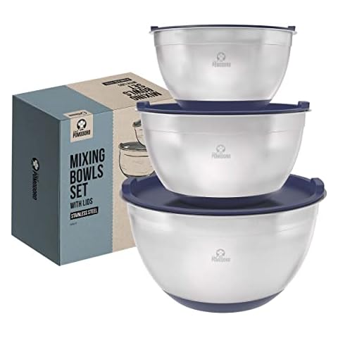 Chef Pomodoro Stainless Steel Mixing Bowls with Lids, Navy Blue, Non-Slip Silicone Base, 3 Piece Set (1.5 Qt, 3 Qt, 5 Qt), Nesting Bowls for Storage, Cooking, Baking, Prepping Cover