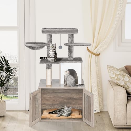 Snughome Cat Litter Box Enclosure with Tree Tower and Condo, Hidden Washroom Furniture with Sisal Scratching Post and Soft Plush Perch, Wooden Cat Furniture with Multiple Platforms, Grey