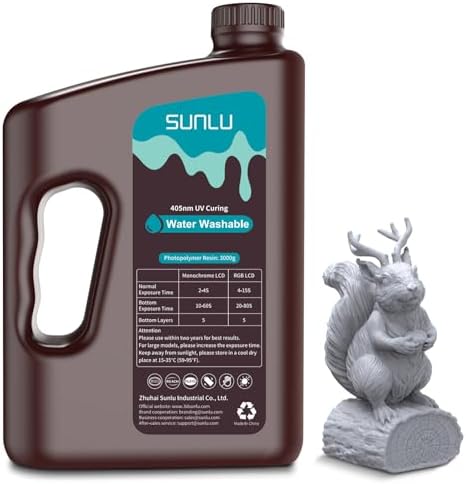 SUNLU 3kg Water Washable 3D Printer Resin, Fast Curing Low Shrinkage, High Precision Photopolymer Resin for LCD/DLP/SLA Printers,395 to 405nm UV Resin, 3000g Grey