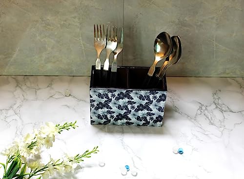 Image of Monstera Hut Premium MDF Wooden Cutlery Holder Kitchen Organizer Spoon Stand Accessories Caddy, Rectangular | 2 Compartment | Wooden Storage Organiser | (15x7x10cm)