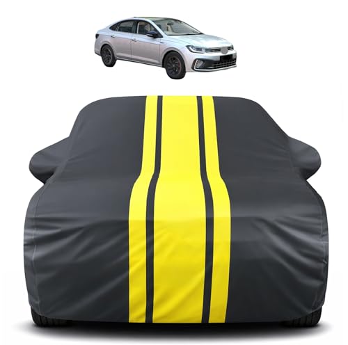 Image of Auto Hub Car Cover Compatible with Volkswagen Virtus with Mirror Pocket, Soft Cotton Lining, Virtus Car Cover Waterproof - Yellow-Black