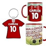 Kembilove® Pack Taza y Llavero Mallorca Personalizados | Regalo Fútbol con Nombre y Número | Taza RCD Mallorca Personalizada Niño Adulto | Orgullo Bermellón | Detalle Aficionados