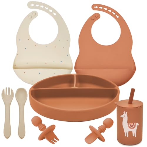 Image of LITTLE RAWR Silicone Baby Feeding Set, Baby Led Weaning Supplies, Baby Spoons Suction Divided Plate Bib Cup, First Stage Solid Food Eating Utensils - 6+ Months(Orange-Beige)