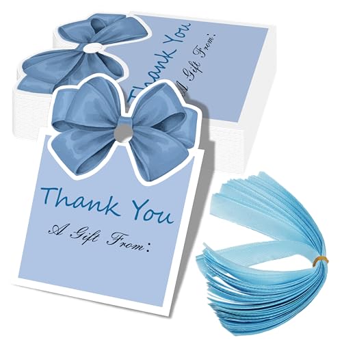 50 Pcs Pink Bow Thank You Gift Tags with Ribbon, Thank You for Celebrating with Us Tags for Coquette Baby Shower Birthday Party Favors Decoration (Blue, 2.0 * 2.7)
