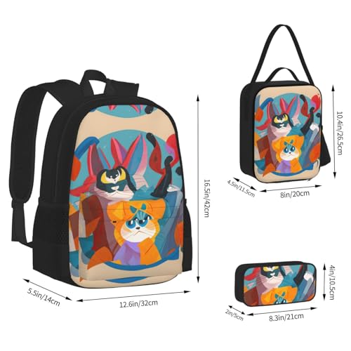 Lovely Cartoon Cats Print 3 Piece Backpack Set, Laptop Daypack, Lightweight Bookbag Set With Lunch Bag Pencil Case3